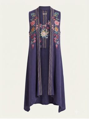 Paparazzi Boho Linen Cotton Blend Embroidered Long Floral Duster Vest Purple S